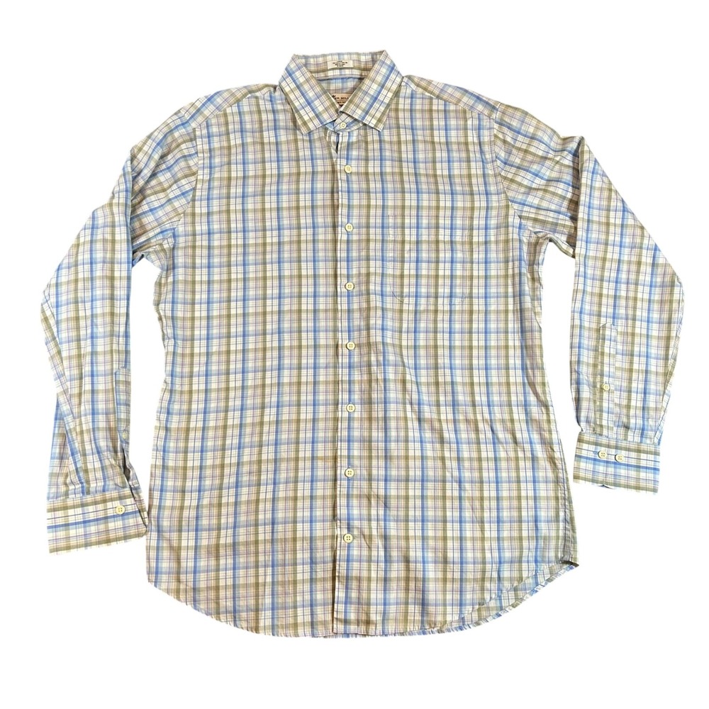 Peter Millar Crown Soft Mens Large Cotton Silk Plaid Button Down Shirt Blue